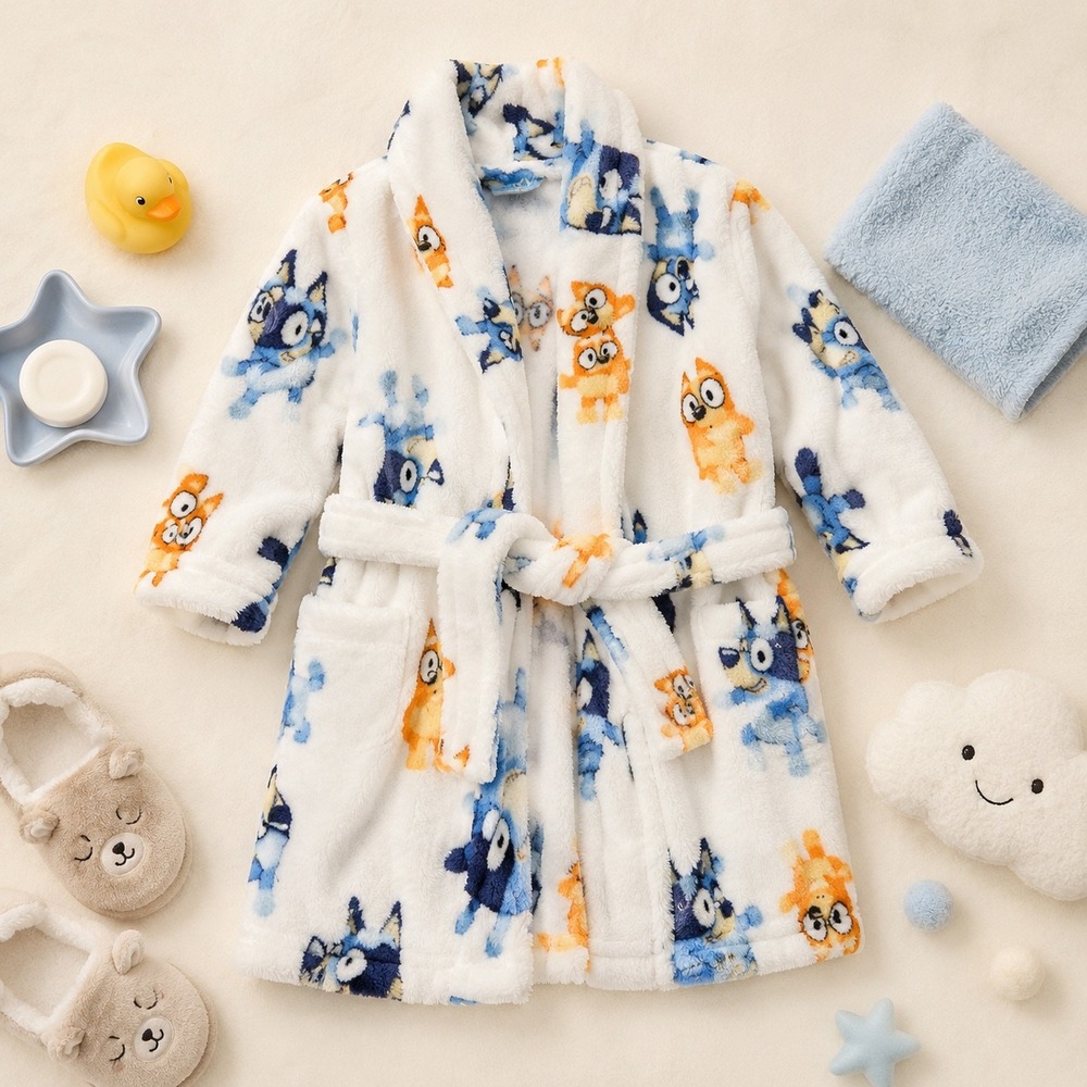 Bluey and Bingo Kids Fleece Bathrobe White Blue Orange Size 2T NWT